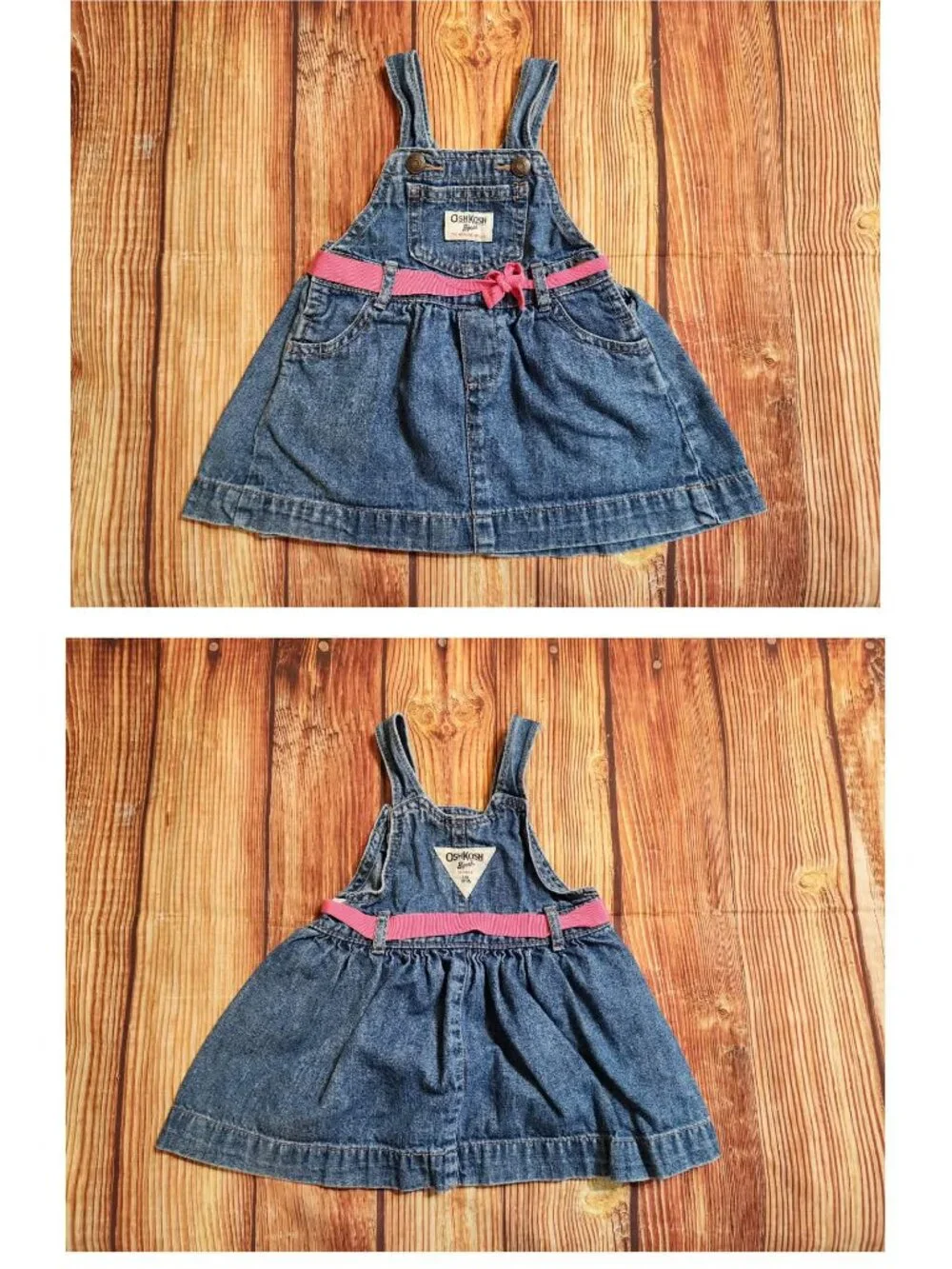 OshKosh Bgosh Baby Girls Denim Overall Dress 12 Months Vestbak Jumper Pink Bow